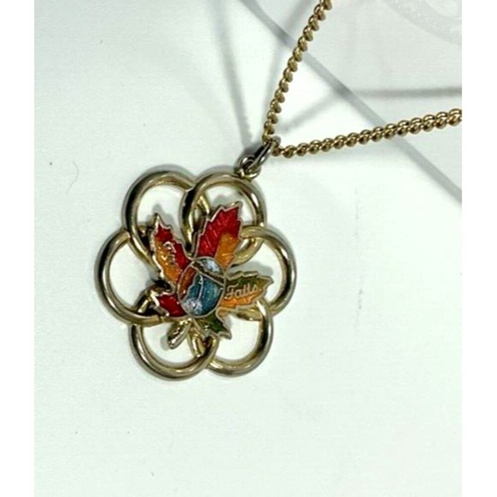 Colorful Enamel Gold Tone Maple Leaf w/ Waterfall Pendant Necklace 22" Vintage